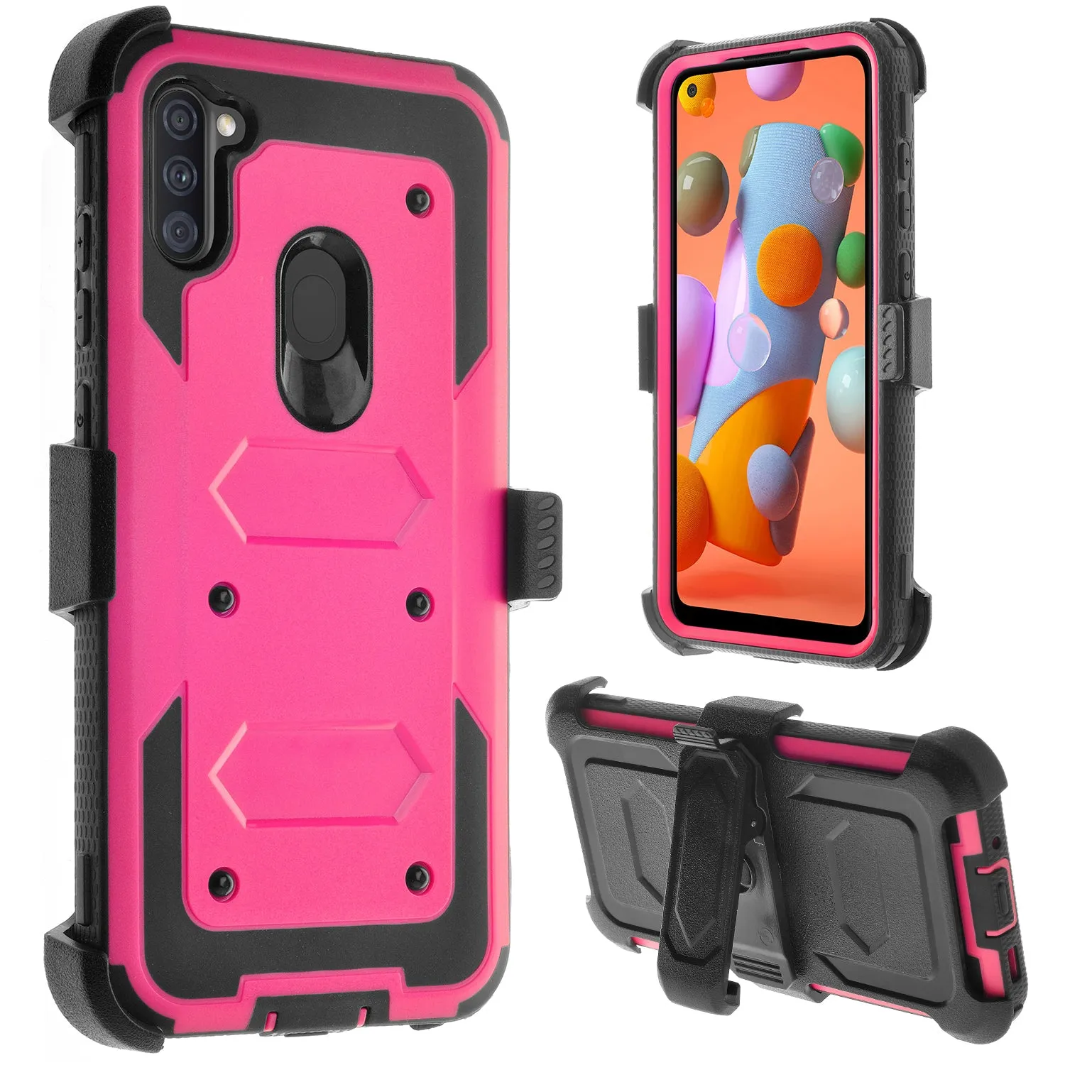 Samsung Galaxy A11 Case, Galaxy A11 Case,  Triple Protection 3-1 w/ Built in Screen Protector Heavy Duty Holster Shell Combo Case - Hot Pink