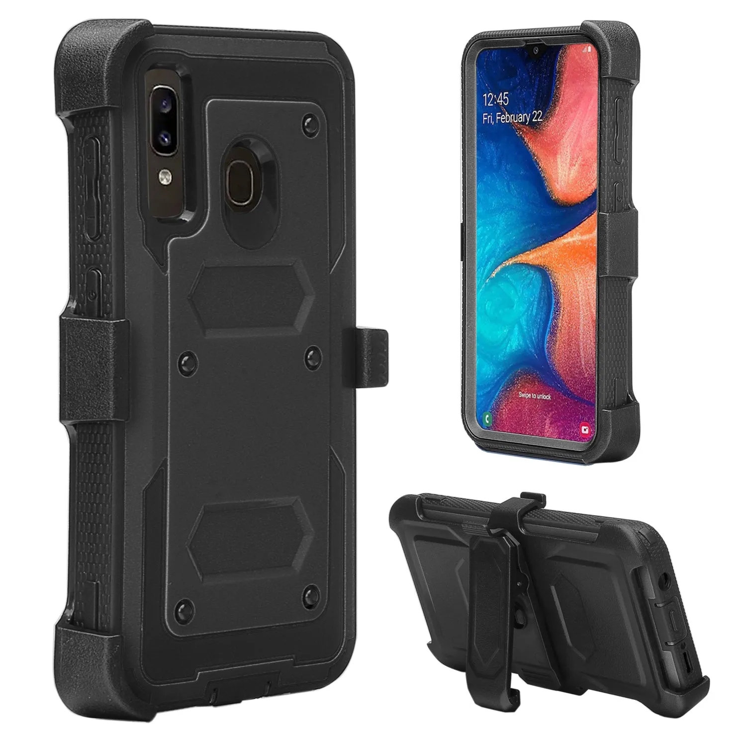 Samsung Galaxy A20 | A30 | A50 Case, Triple Protection 3-1 w/ Built in Screen Protector Heavy Duty Holster Shell Combo Clip Cover - Black