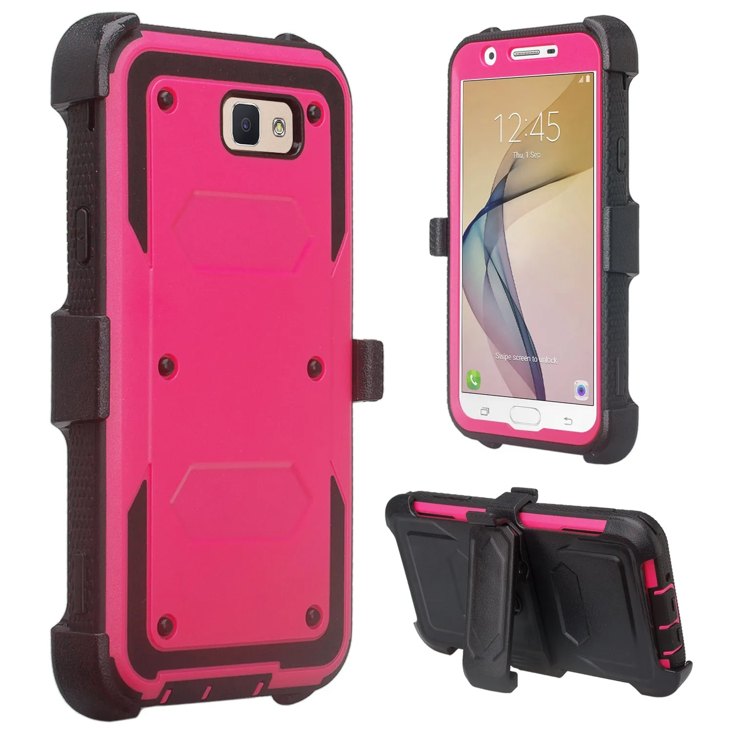 Samsung Galaxy J7 (2017) / J7 Sky Pro / J7 Perx / J7 V / J7 Prime / Galaxy Halo Case, Triple Protection w/ Built in Screen Protector Heavy Duty Holster Shell Combo Clip Cover - Hot Pink