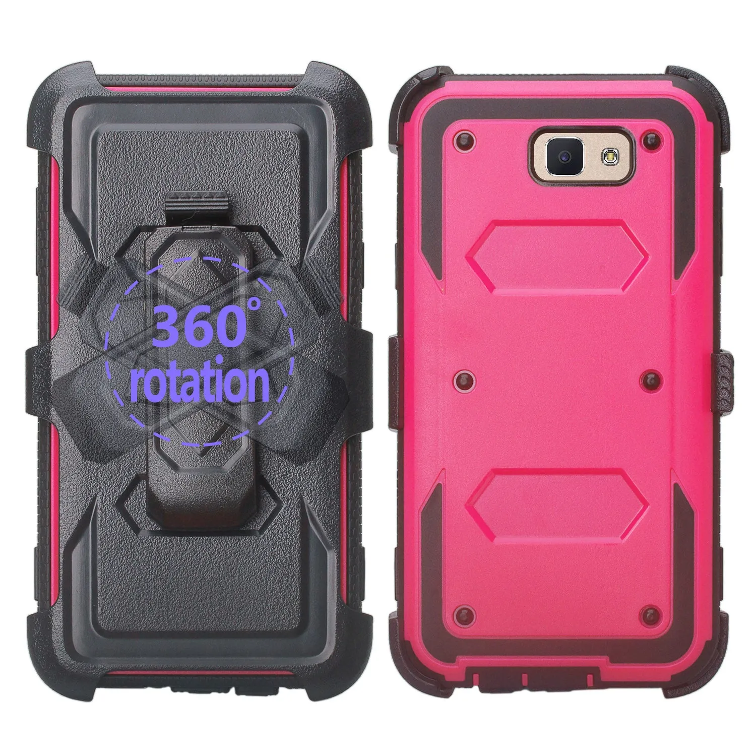 Samsung Galaxy J7 (2017) / J7 Sky Pro / J7 Perx / J7 V / J7 Prime / Galaxy Halo Case, Triple Protection w/ Built in Screen Protector Heavy Duty Holster Shell Combo Clip Cover - Hot Pink