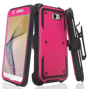 Samsung Galaxy J7 (2017) / J7 Sky Pro / J7 Perx / J7 V / J7 Prime / Galaxy Halo Case, Triple Protection w/ Built in Screen Protector Heavy Duty Holster Shell Combo Clip Cover - Hot Pink