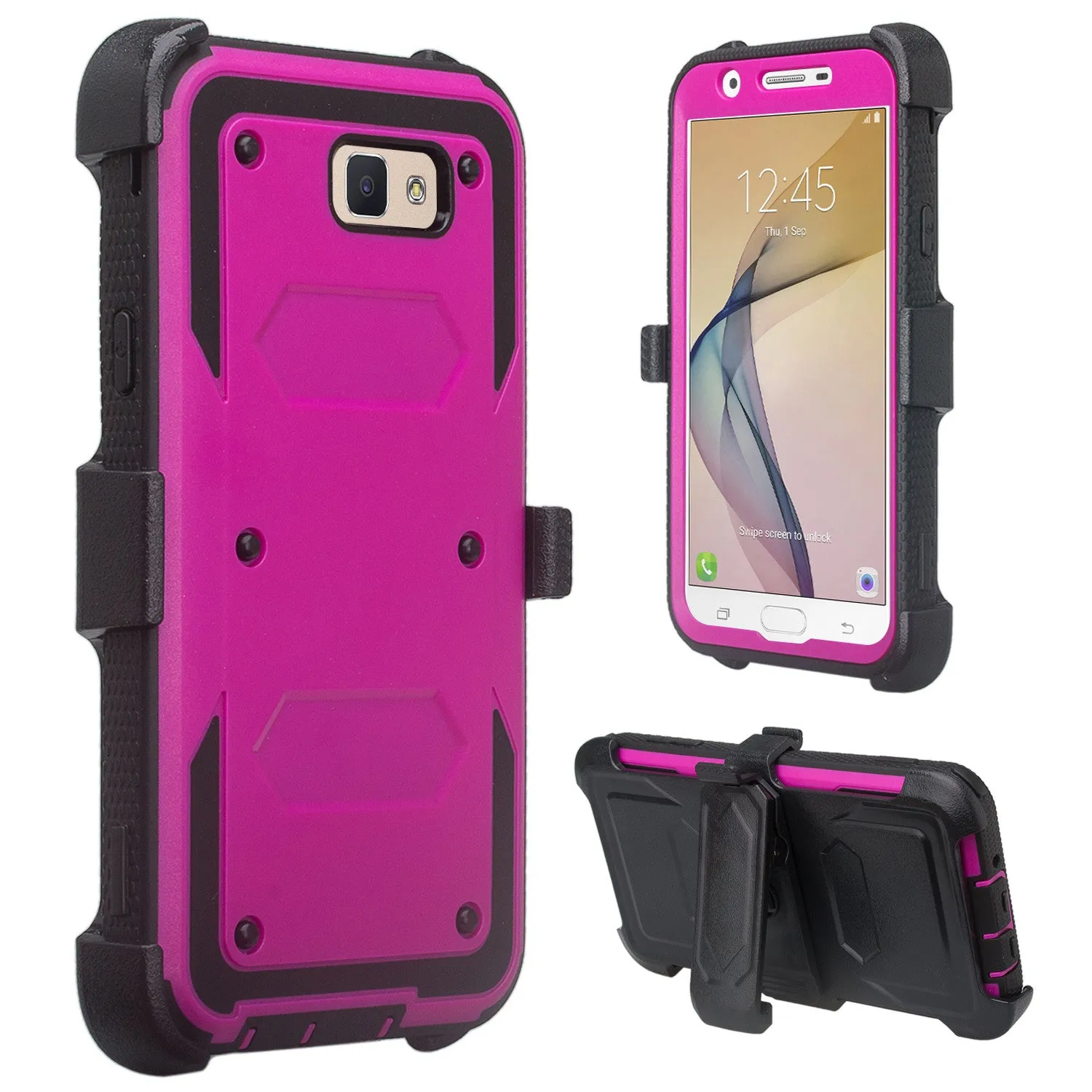 Samsung Galaxy J7 (2017) / J7 Sky Pro / J7 Perx / J7 V / J7 Prime / Galaxy Halo Case, Triple Protection w/ Built in Screen Protector Heavy Duty Holster Shell Combo Clip Cover - Purple