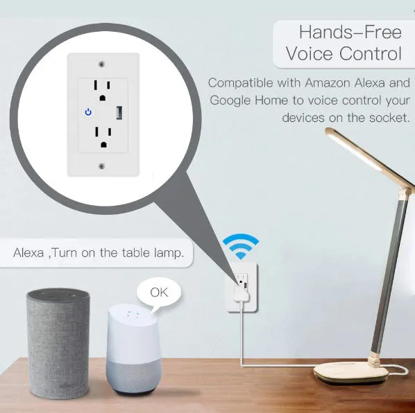 Smart Wi-Fi  In Wall Outlet one USB Port 2 independent Sockets Work with Alexa, Google Assistant, App Control