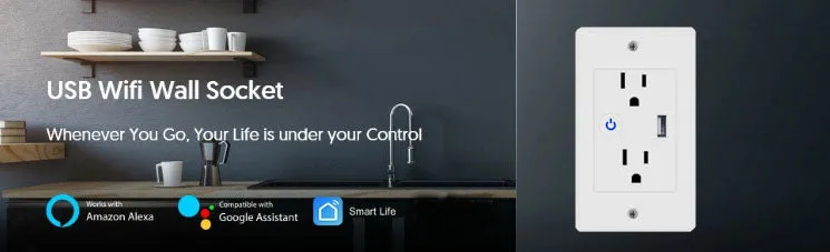 Smart Wi-Fi  In Wall Outlet one USB Port 2 independent Sockets Work with Alexa, Google Assistant, App Control