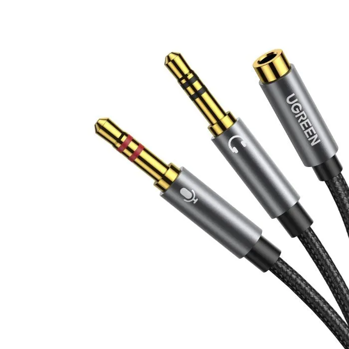 UGREEN Dual 3.5mm CTIA Male to 3.5mm Female Cotton-Braided Gold-Plated Audio Splitter Cable with Aluminum Case for PC, Laptops, Earphone Jack (Black) | 20899