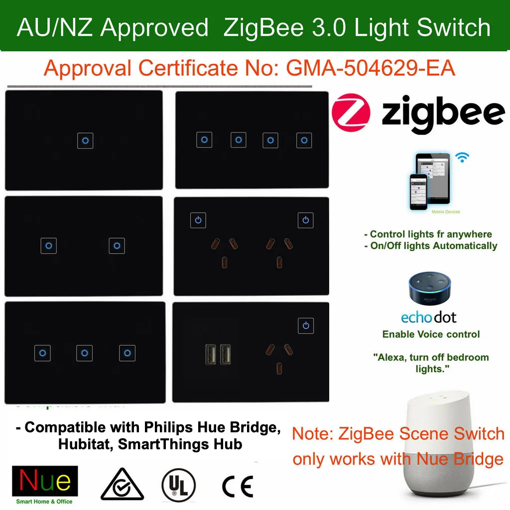 ZigBee Smart Double Power Point GPO for SmartThings, Hubitat, Philips Hue (Black)